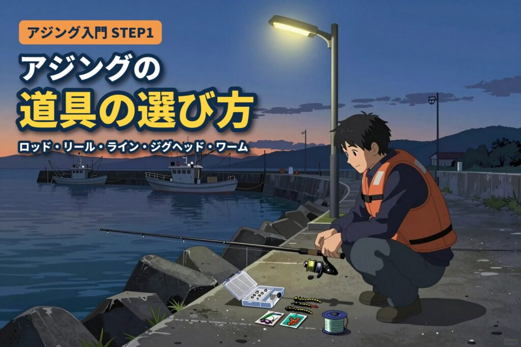 夕暮れの漁港で、常夜灯の下にしゃがみ、アジングの竿とジグヘッドを準備する男性のイラスト（アジング入門STEP1 道具の選び方）
