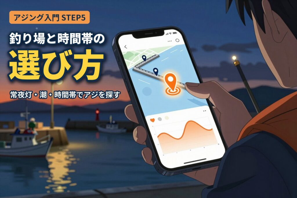 夕暮れの漁港で、スマホの地図アプリのピンをタップして釣り場と時間帯を選ぶ釣り人のイラスト（アジング入門STEP5 釣り場と時間帯の選び方）