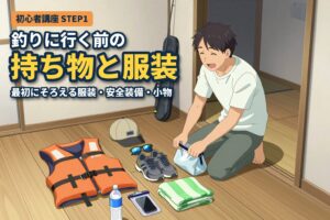 玄関で、ライフジャケット・帽子・偏光グラス・靴・タオル・飲み物・防水ケースのスマホを並べて釣りの準備をする人のイラスト(初心者講座STEP1 釣りに行く前の持ち物と服装)