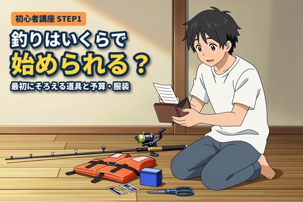 部屋の床に竿とリール、ライフジャケットなどを並べ、財布とメモを見ながら予算を考える男性のイラスト（初心者講座STEP1 釣りはいくらで始められる？）