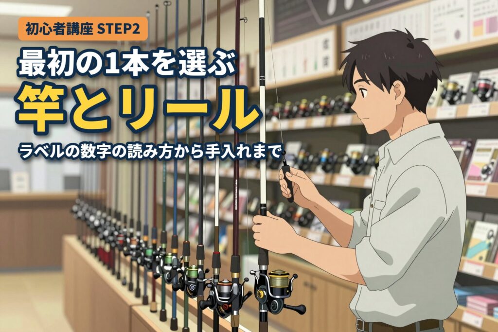 釣具店で竿を手に取り、グリップ近くのラベルを見比べる男性のイラスト（初心者講座STEP2 竿とリールの選び方）