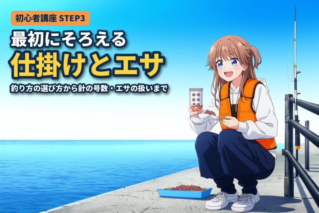 堤防で、ライフジャケットを着た女性が小さなロケットカゴにアミエビを詰めているイラスト（初心者講座STEP3 仕掛け・エサ・ルアーの基本）