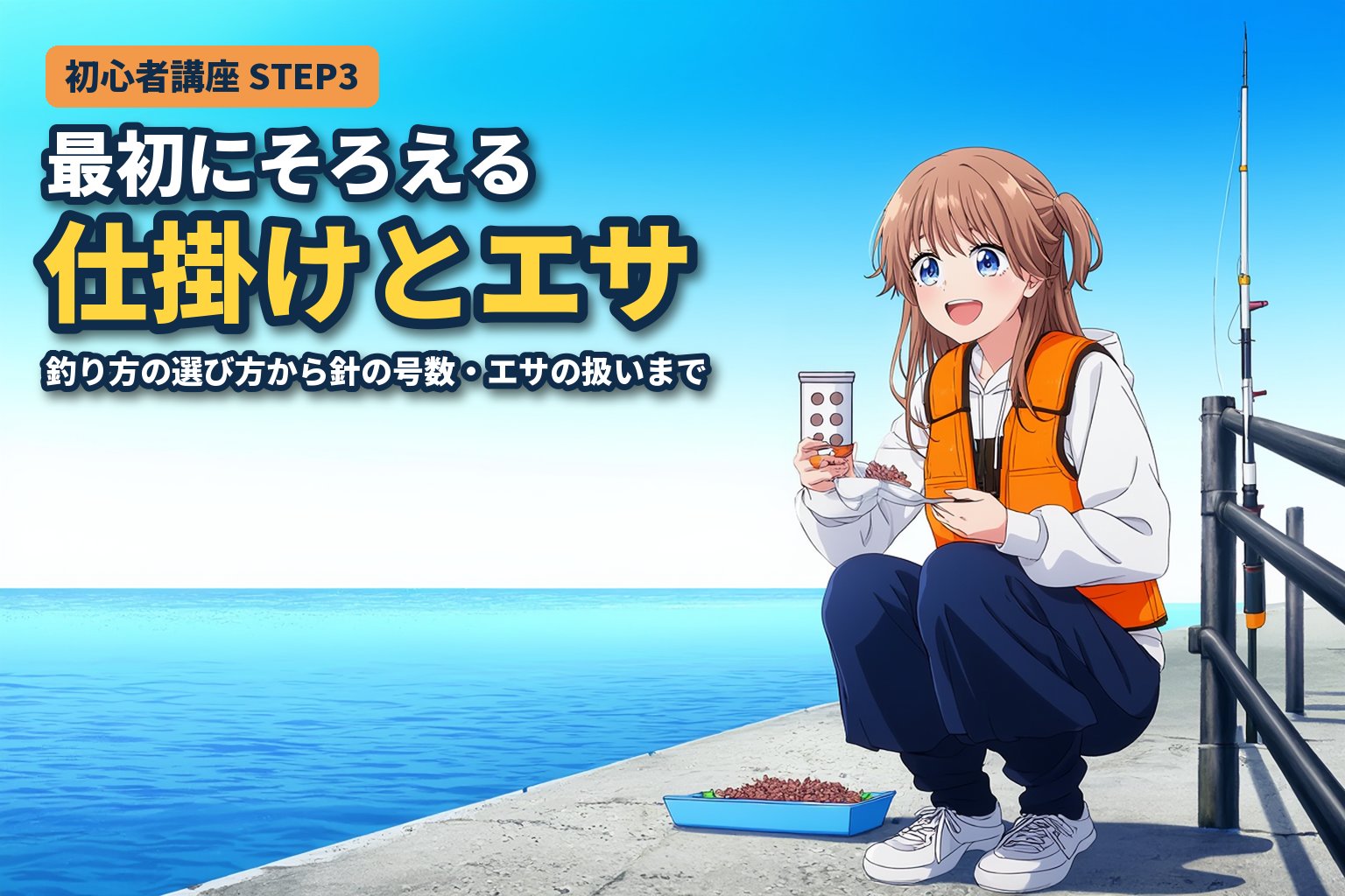 堤防で、ライフジャケットを着た女性が小さなロケットカゴにアミエビを詰めているイラスト（初心者講座STEP3 仕掛け・エサ・ルアーの基本）