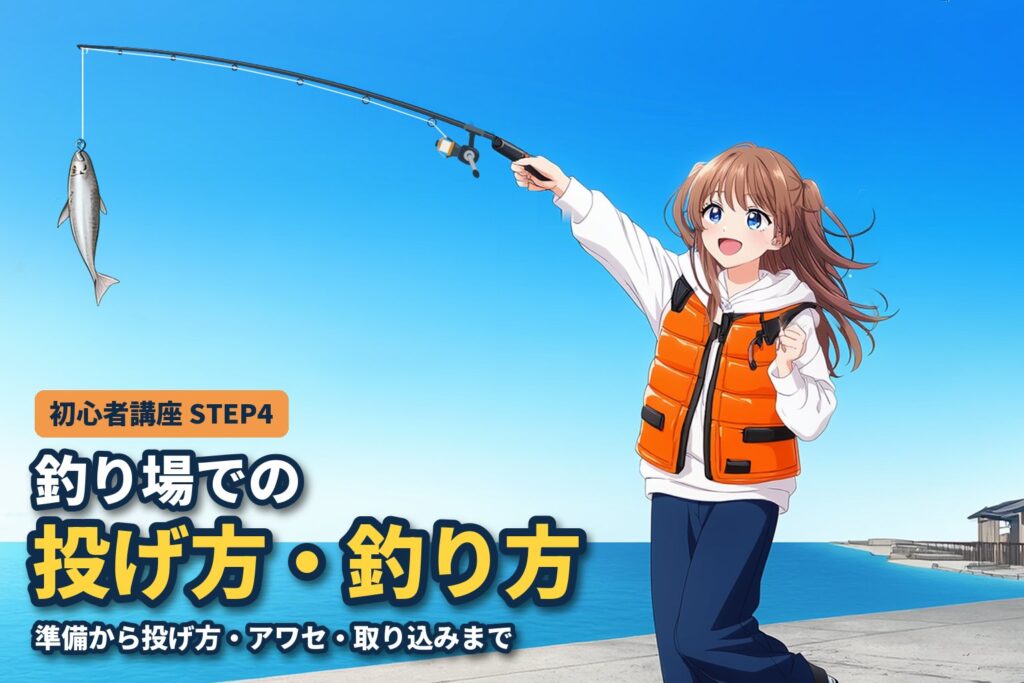 堤防で竿を掛げ、竿先に掛かった小さなアジを喜ぶ女性のイラスト（初心者講座STEP4 釣り場での投げ方・釣り方）