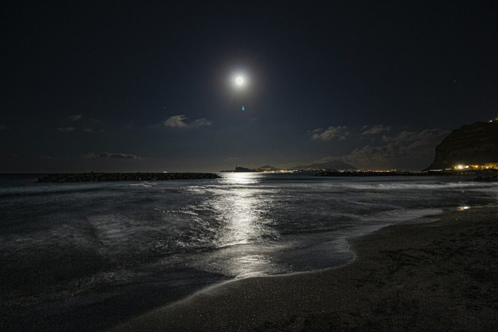 満月の光が映る夜の海と砂浜