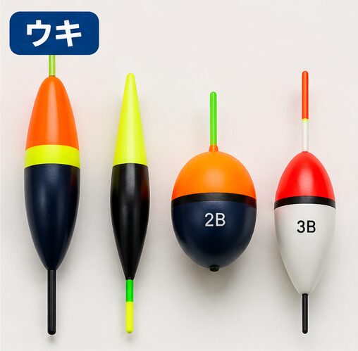 形や色の違うさまざまなウキ